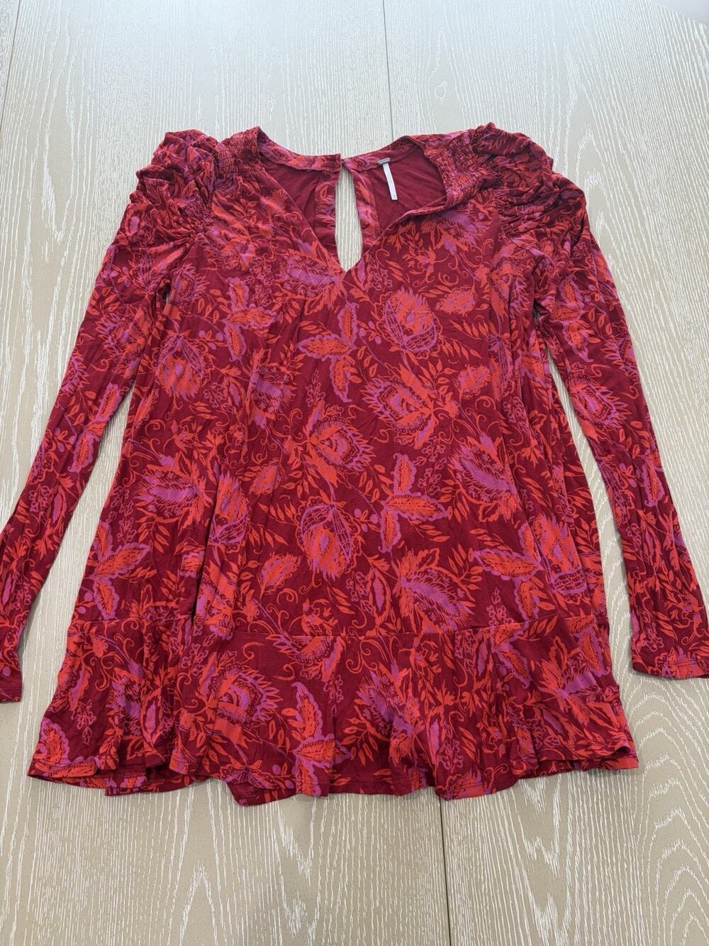 Free People Hello Lover Red Scarlett Floral Print Ruched Tunic Top Size Medium